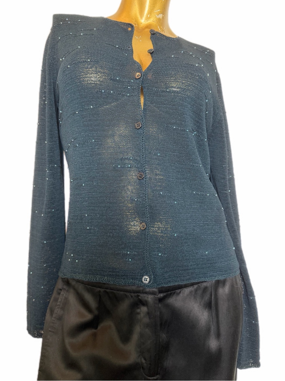 Vintage Jones New York Dark Ocean Blue Bead Embellished Sheer Knit Cardigan S